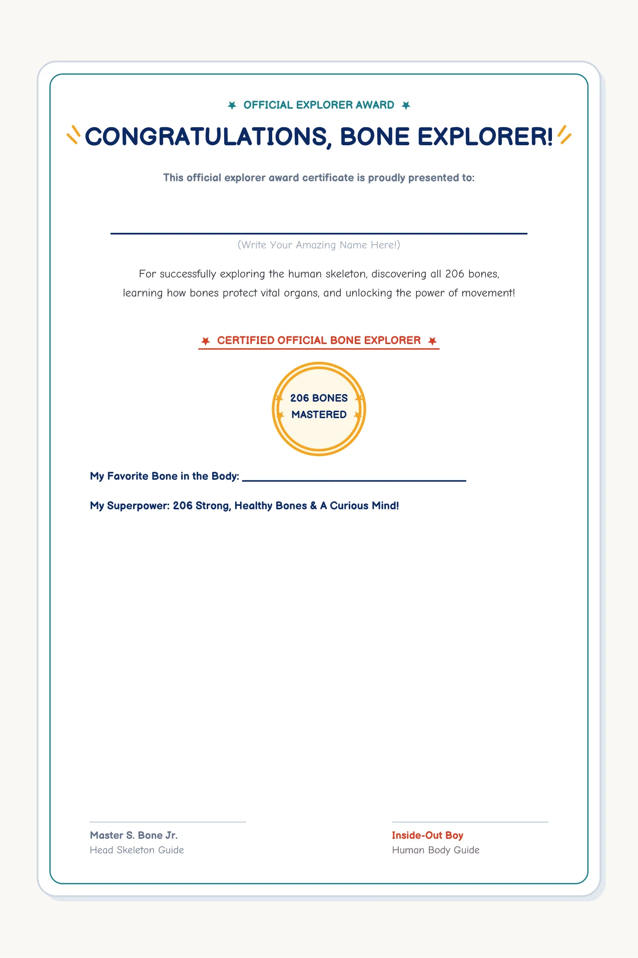 Official Bone Explorer Certificate Award