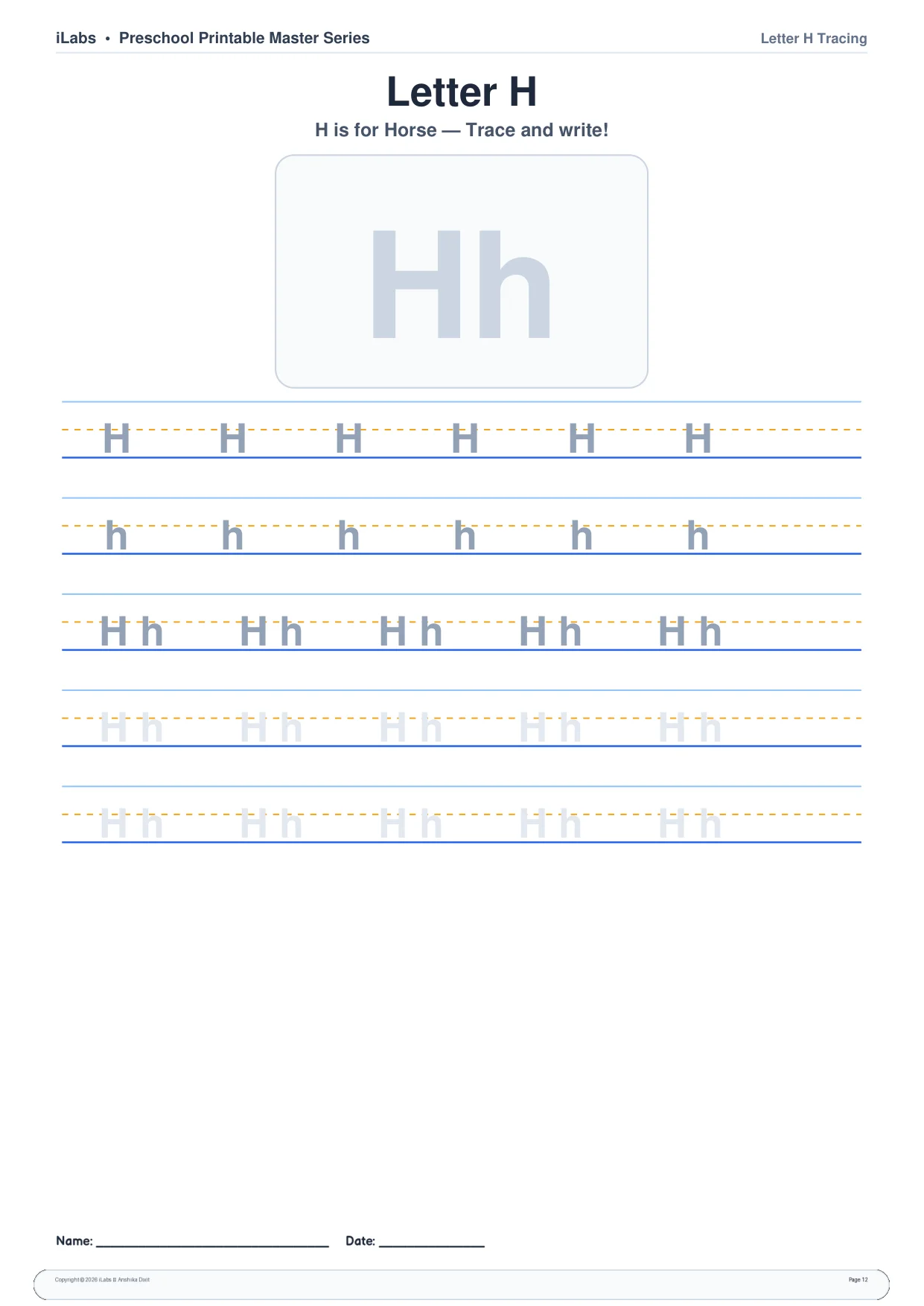 Letter H & Vocabulary Handwriting Practice