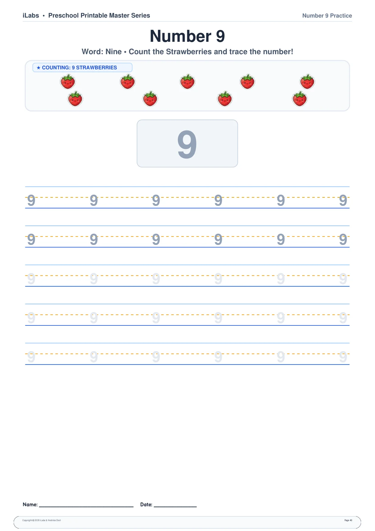 Number 9 Counting & Ten-Frame Exercise